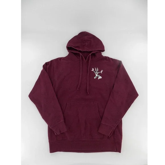 Looney Tunes Graphic Hoodie Unisex M Burgundy Good Bugs Bunny Taz 90s Style - Picture 4 of 4